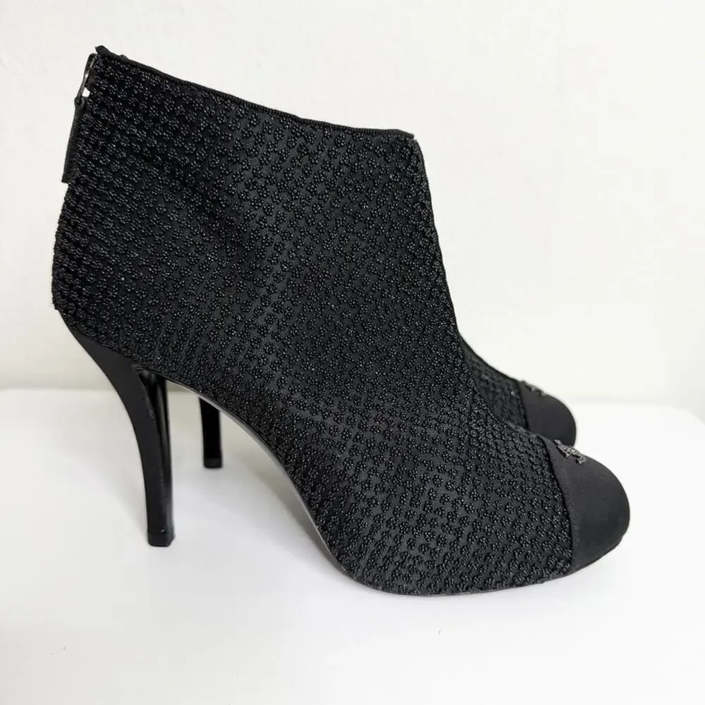 Chanel Beaded Ankle Booties Black Cap Toe Heels 38.5 CC Logo